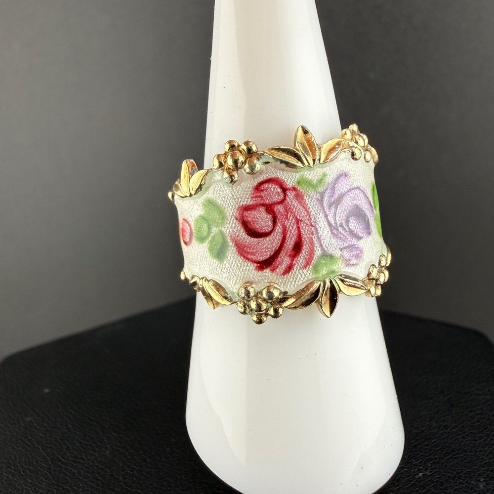 Vintage Joseph Esposito Ring Sterling Enamel Floral Rose Wide Band Size 7.5